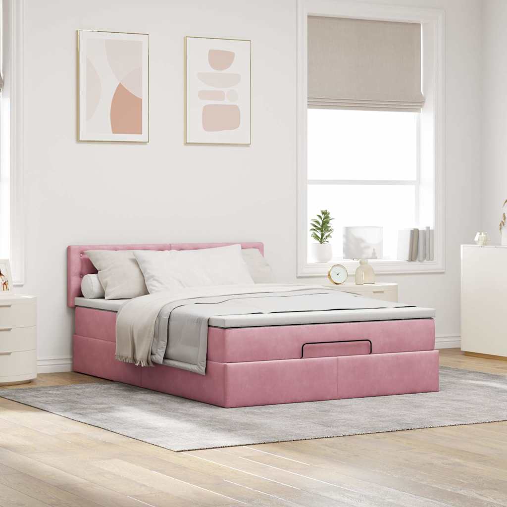 Struttura Letto Pouf con Materasso Rosa 140x190 cm in Velluto