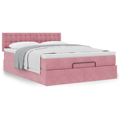 Struttura Letto Pouf con Materasso Rosa 140x200 cm in Velluto