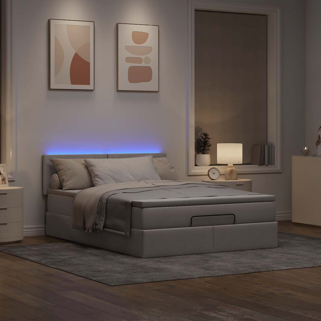 Pouf Letto con Materasso e LED Tortora 140x200 cm in Tessuto