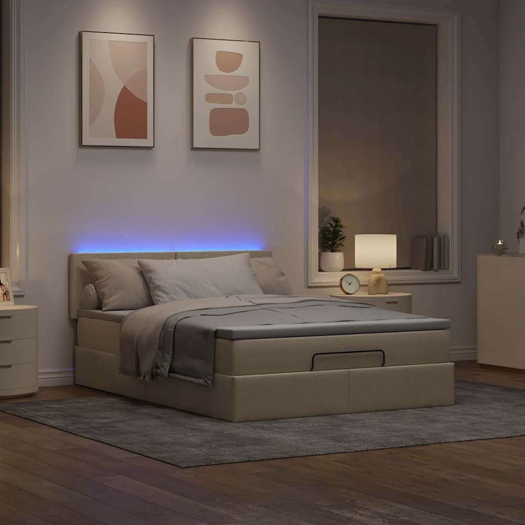 Pouf Letto con Materasso e LED Crema 140x200 cm in Tessuto