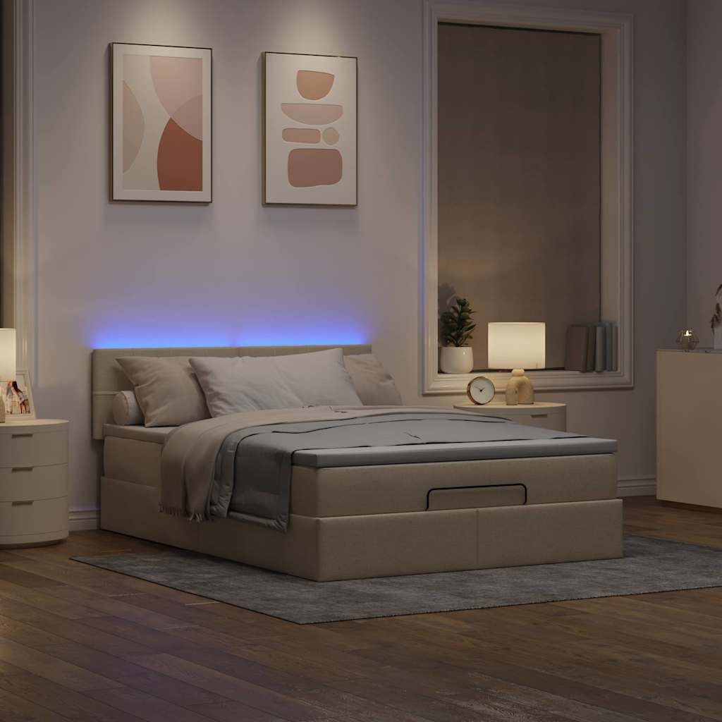 Pouf Letto con Materasso e LED Crema 140x200 cm in Tessuto