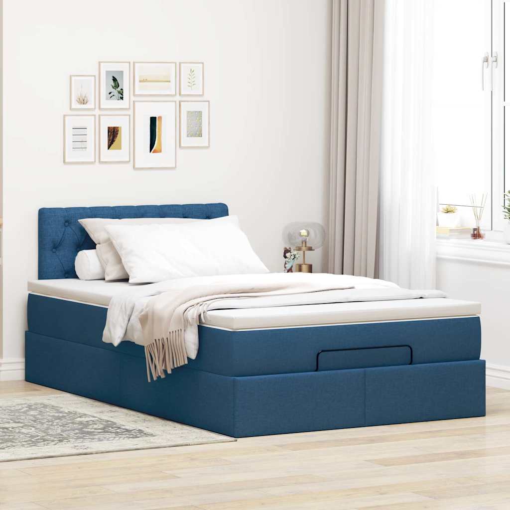 Pouf Letto con Materasso e LED Blu 120x200 cm in Tessuto