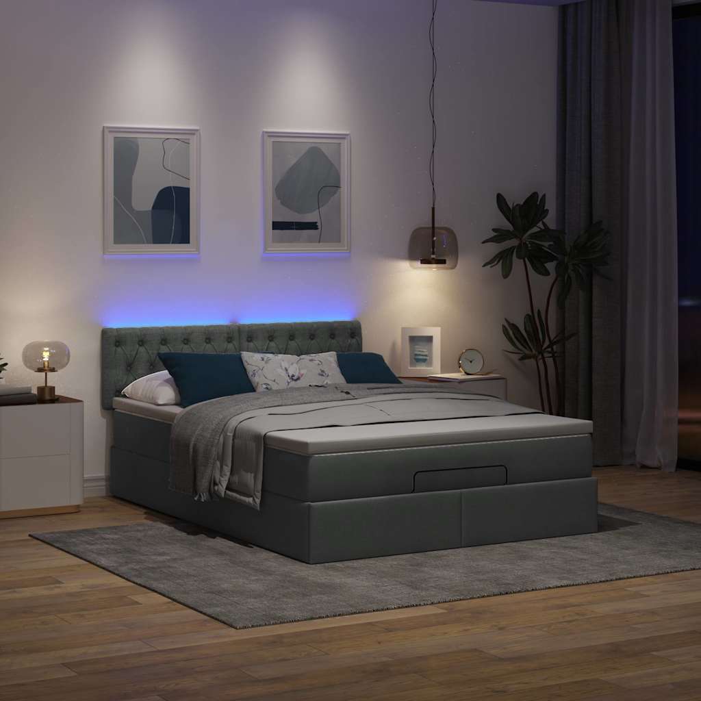 Pouf Letto con Materasso e LED Grigio Scuro 140x190 cm