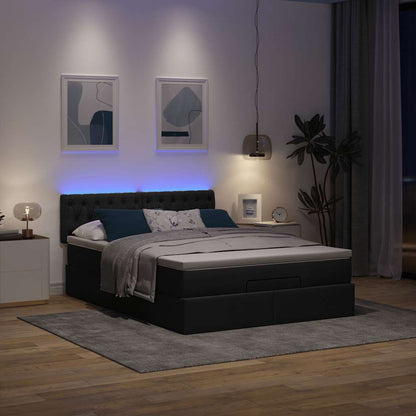 Pouf Letto con Materasso e LED Nero 140x200 cm in Tessuto