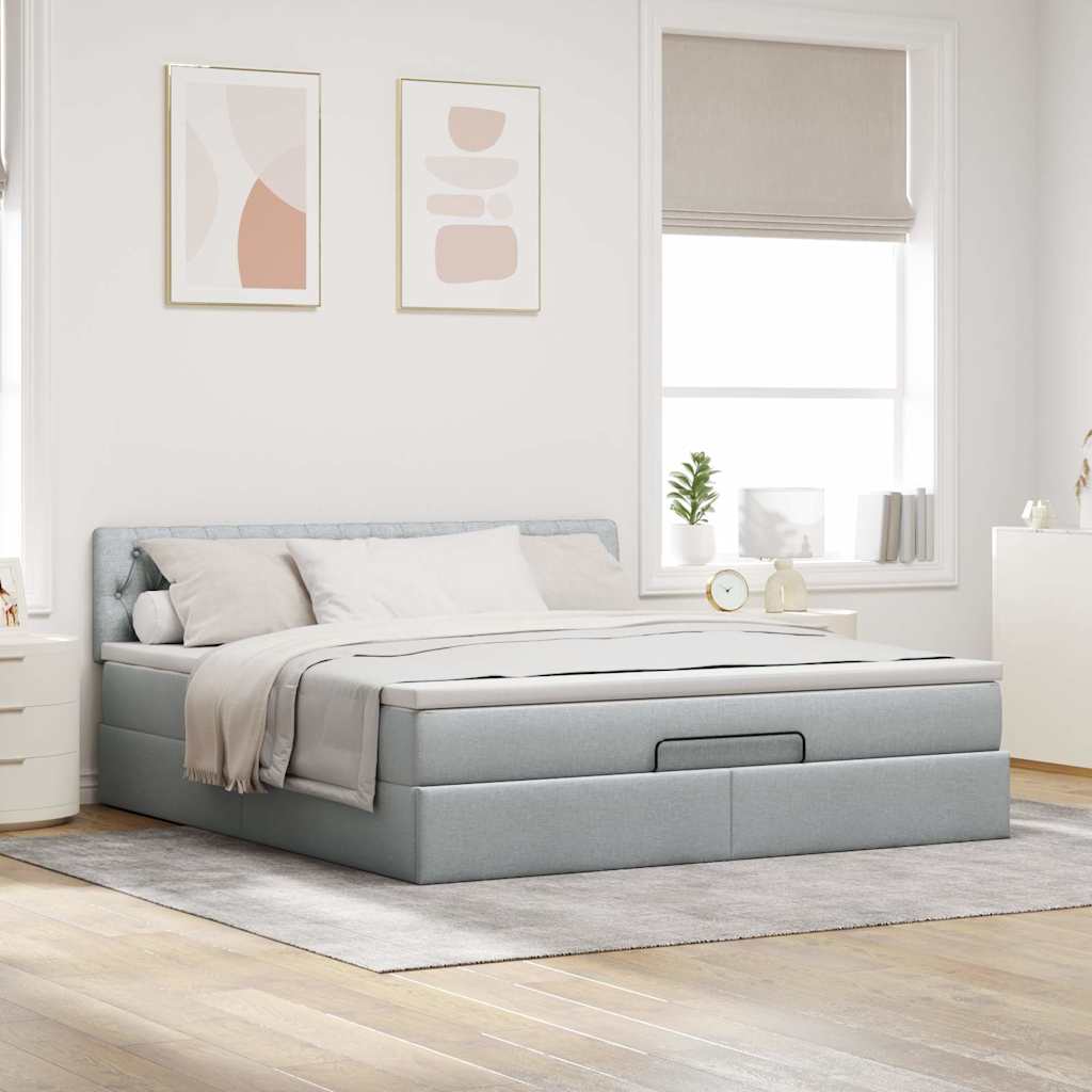 Pouf Letto con Materasso Grigio Chiaro 160x200 cm in Tessuto