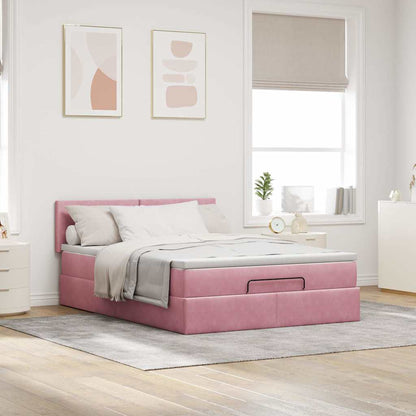 Struttura Letto Pouf con Materasso Rosa 140x190 cm in Velluto