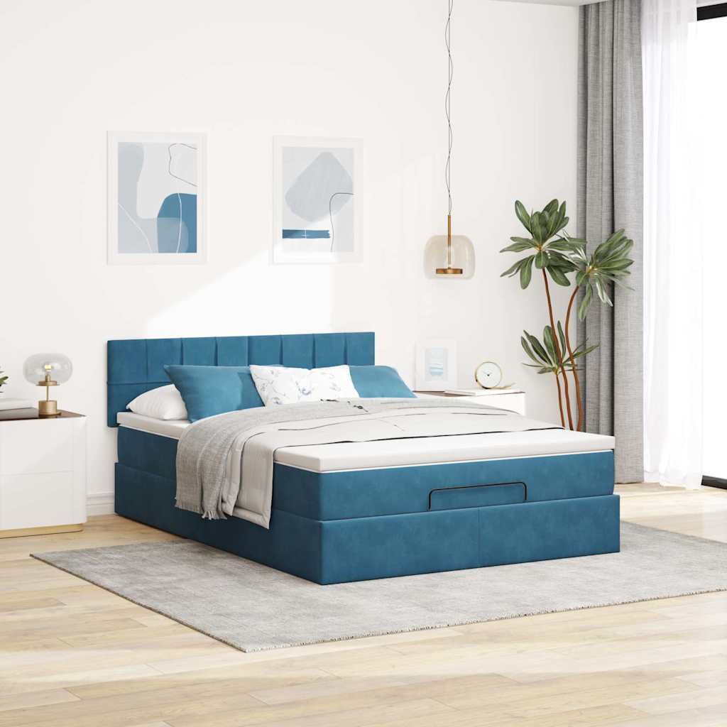 Struttura Letto Pouf con Materasso Blu 140x200cm in Velluto