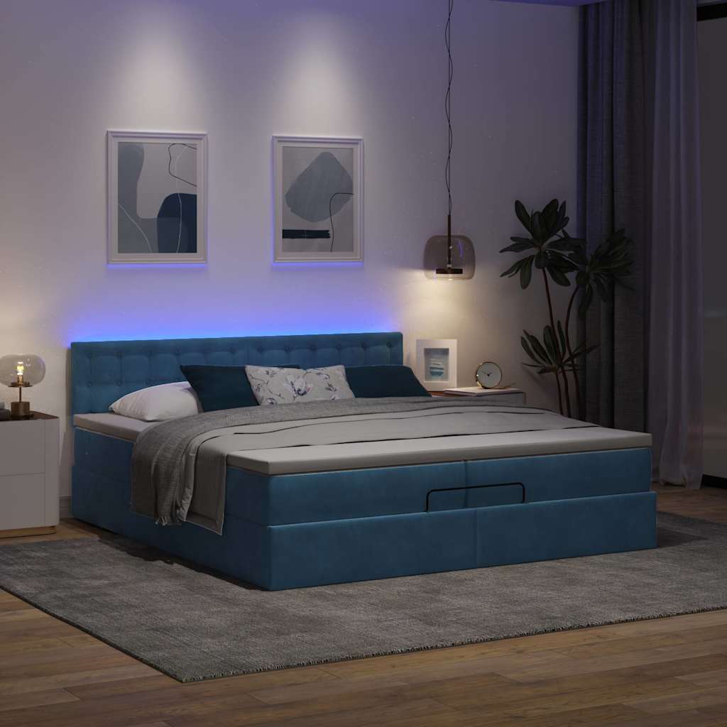 Pouf Letto con Materassi e LED Blu Scuro 200x200cm Velluto