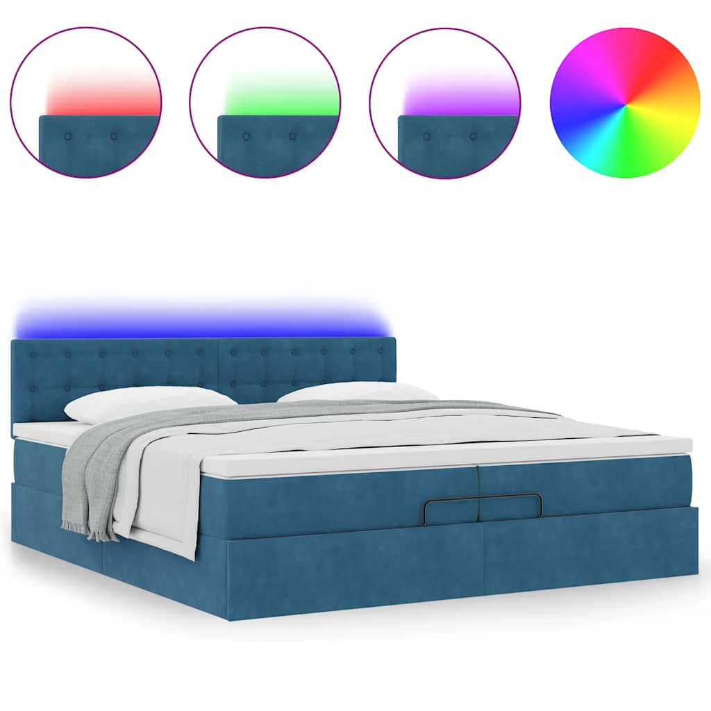 Pouf Letto con Materassi e LED Blu Scuro 200x200cm Velluto