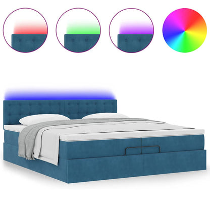 Pouf Letto con Materassi e LED Blu Scuro 200x200cm Velluto