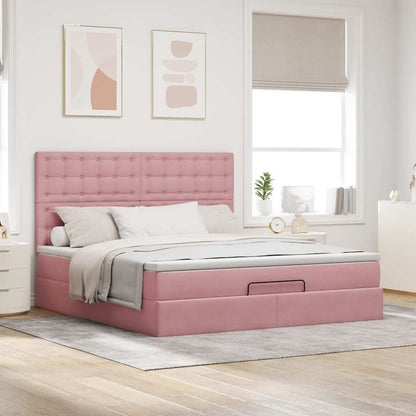 Struttura Letto Pouf con Materassi Rosa 160x200 cm Velluto