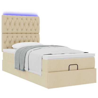 Pouf Letto con Materasso e LED Crema 90x200 cm in Tessuto