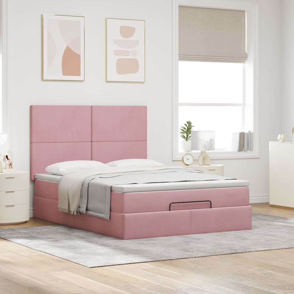 Struttura Letto Pouf con Materassi Rosa 140x190 cm in Velluto