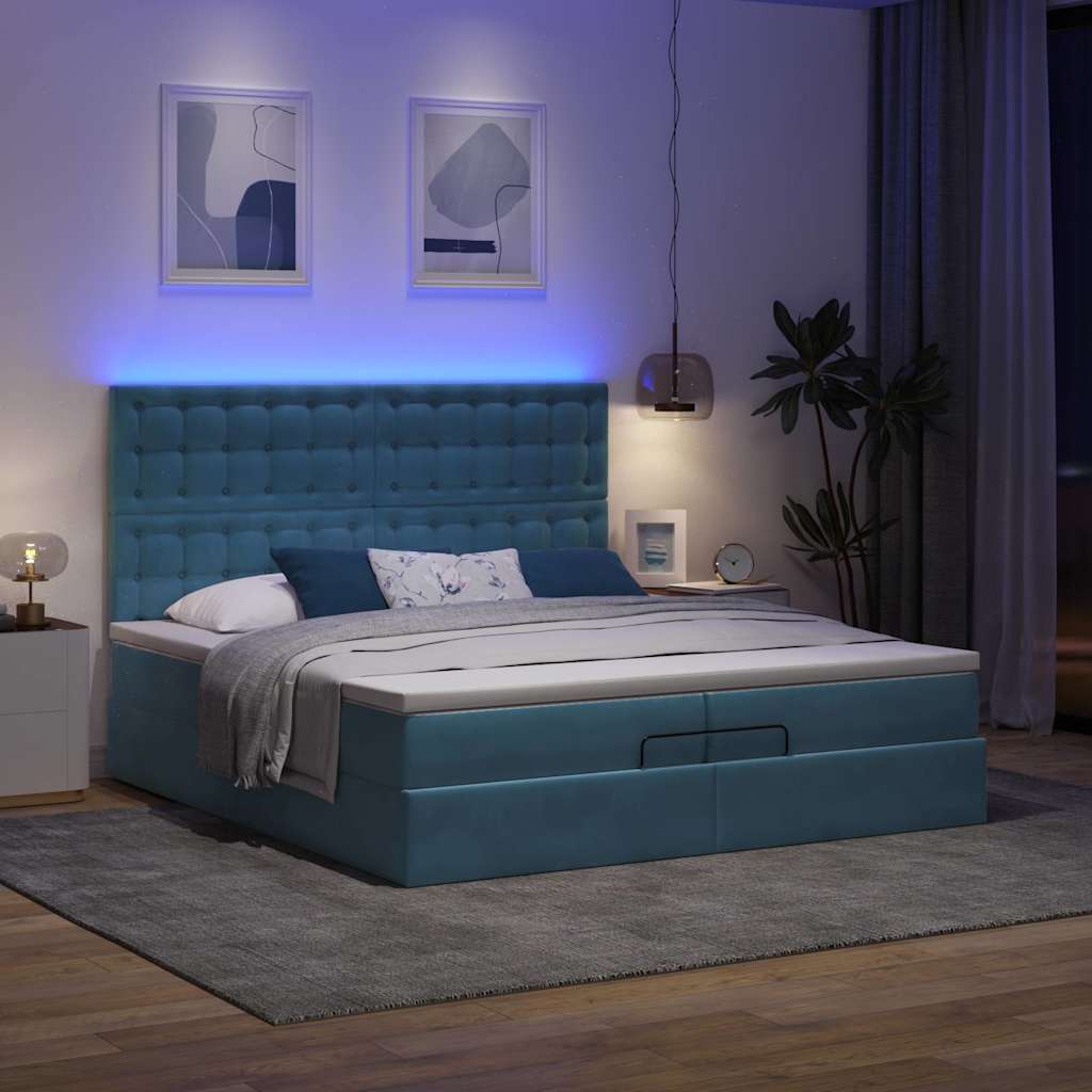 Pouf Letto con Materassi e LED Blu Scuro 200x200cm Velluto