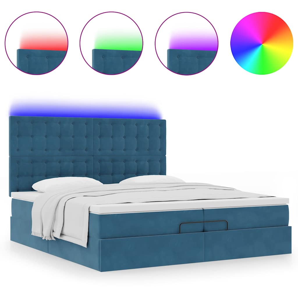 Pouf Letto con Materassi e LED Blu Scuro 200x200cm Velluto