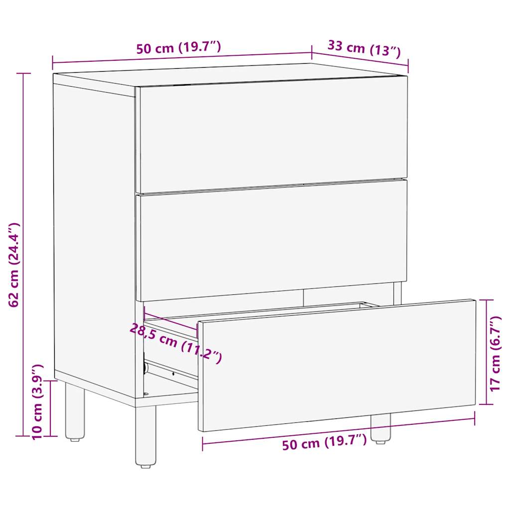 Comodino Nero 50x33x62 cm in Legno Massello di Mango Grezzo