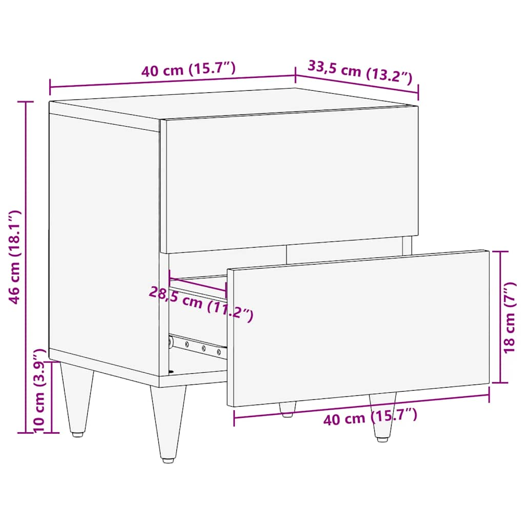 Comodino 40x33,5x46 cm in Legno Massello di Mango