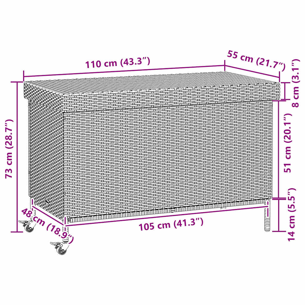 Contenitore da Giardino con Ruote Nero 110x55x73 cm Polyrattan