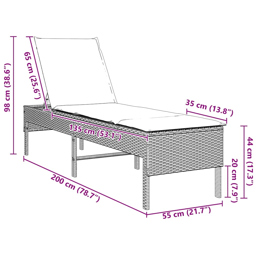 Lettino Prendisole con Cuscino Nero 55x200x44 cm in Polyrattan