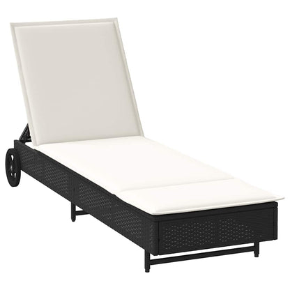 Lettino Prendisole con Ruote e Cuscino in Polyrattan Nero