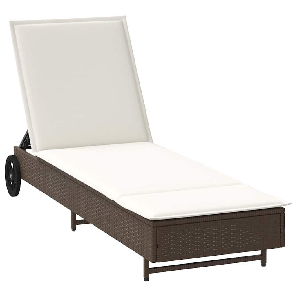 Lettino Prendisole con Ruote e Cuscino in Polyrattan Marrone - homemem39