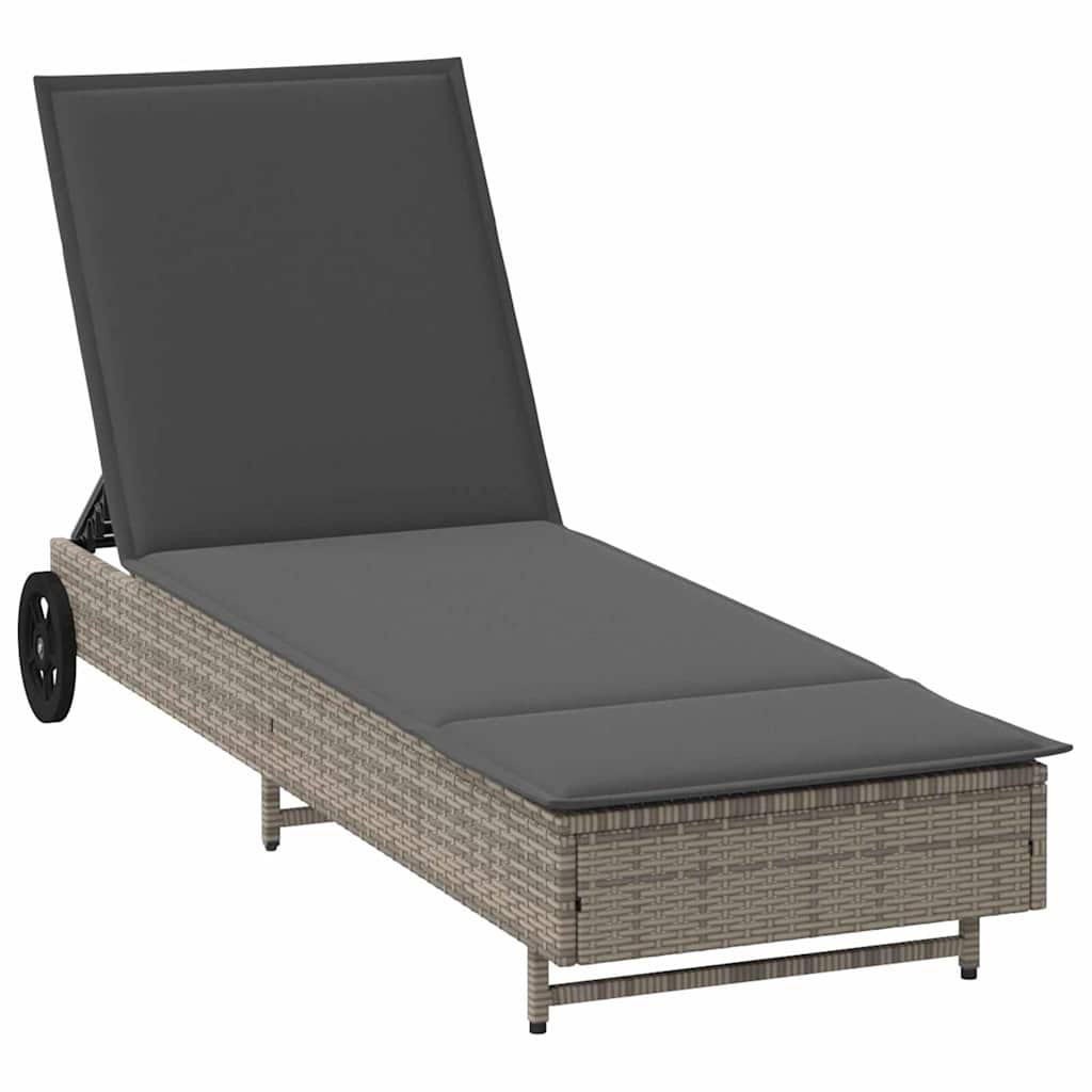 Lettino Prendisole con Ruote e Cuscino in Polyrattan Grigio - homemem39