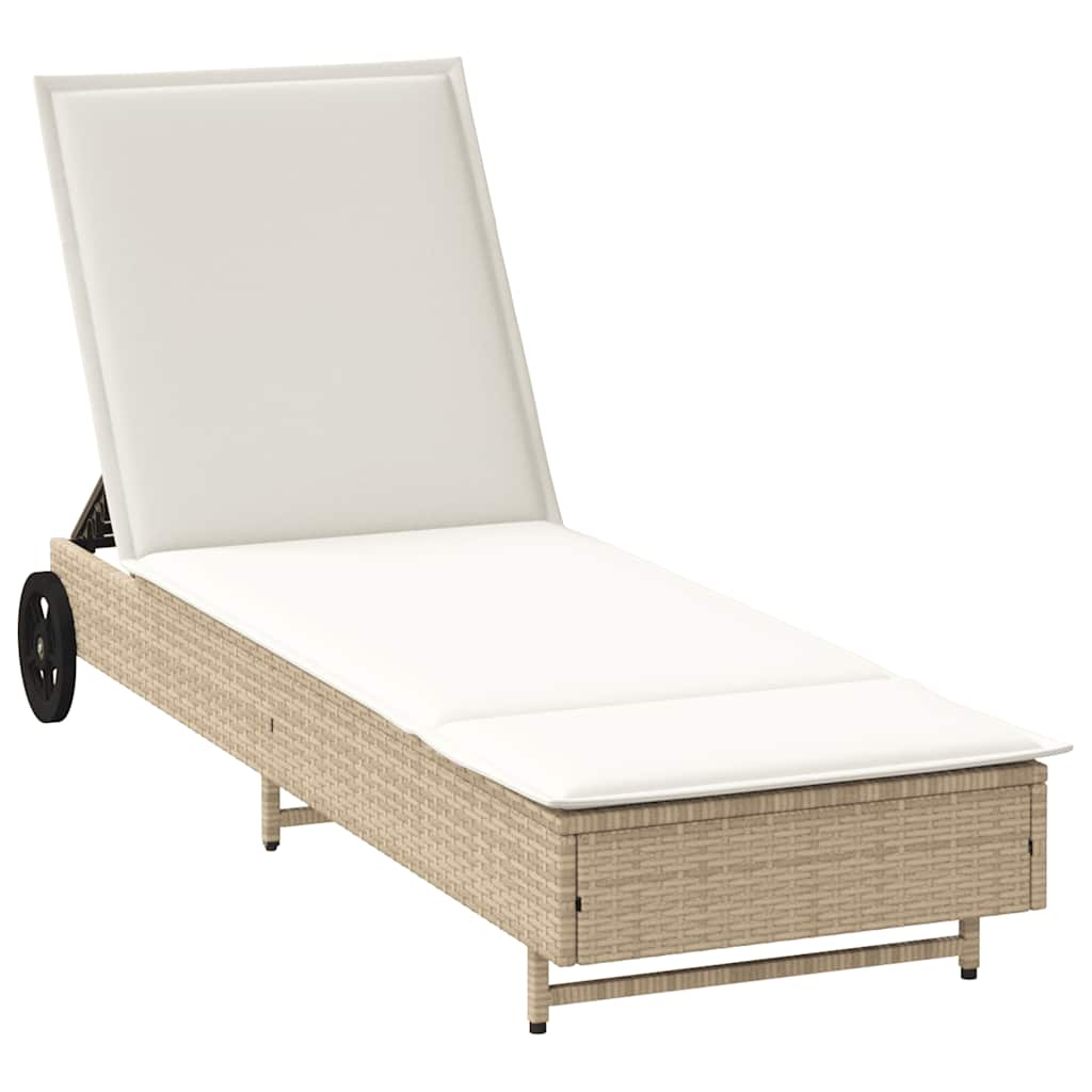 Lettino Prendisole con Ruote e Cuscino in Polyrattan Beige - homemem39