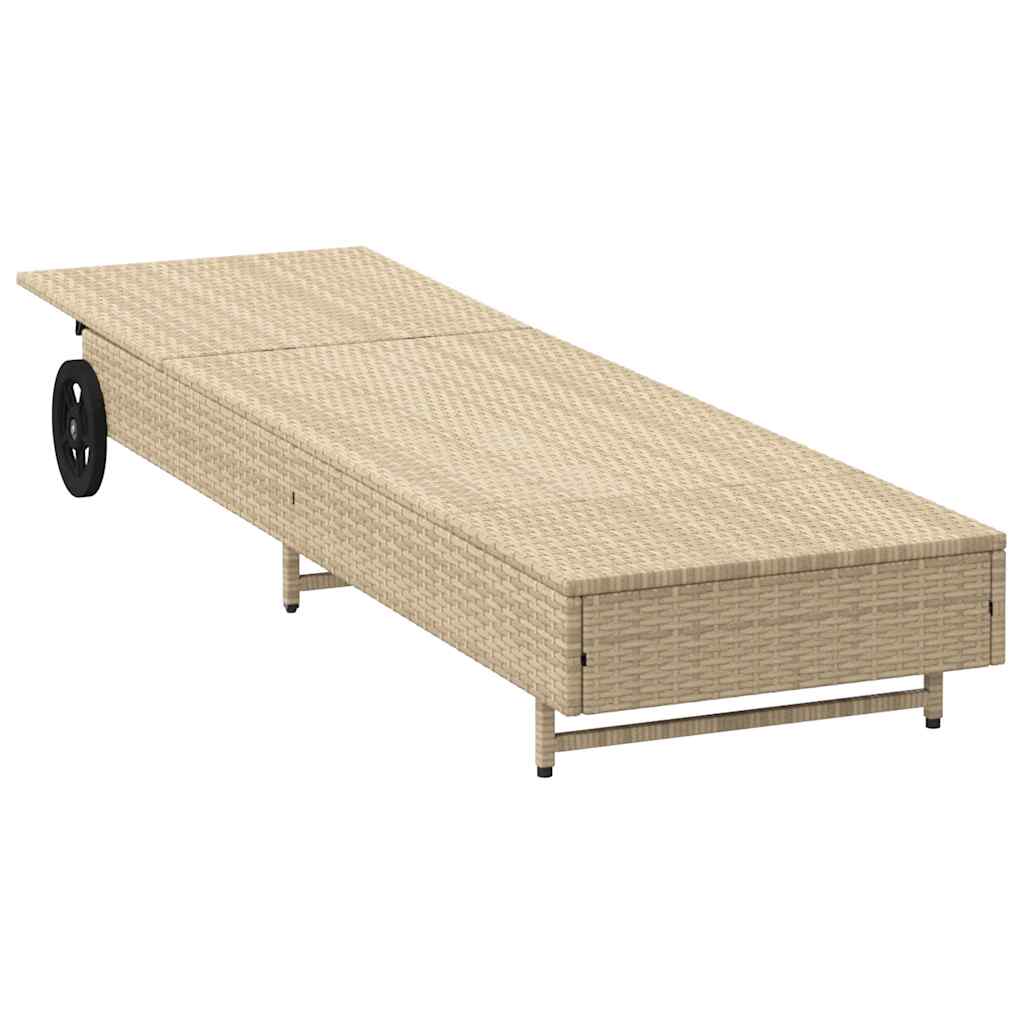 Lettino Prendisole con Ruote e Cuscino in Polyrattan Beige - homemem39