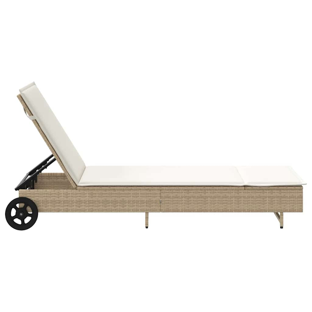 Lettino Prendisole con Ruote e Cuscino in Polyrattan Beige - homemem39