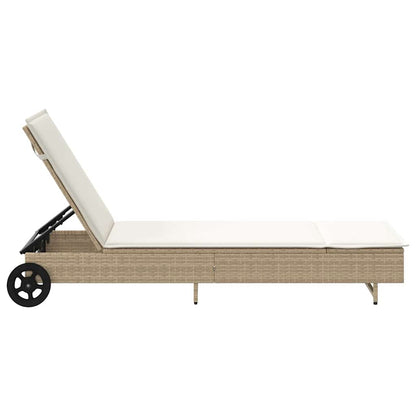 Lettino Prendisole con Ruote e Cuscino in Polyrattan Beige