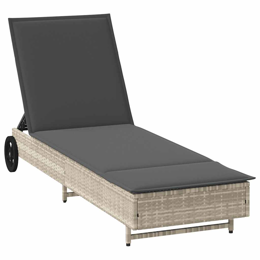 Lettino Prendisole con Ruote e Cuscino Polyrattan Grigio Chiaro - homemem39