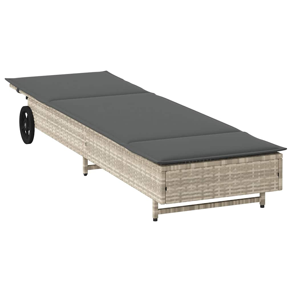 Lettino Prendisole con Ruote e Cuscino Polyrattan Grigio Chiaro - homemem39