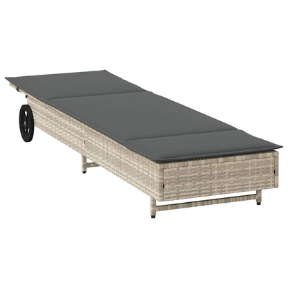 Lettino Prendisole con Ruote e Cuscino Polyrattan Grigio Chiaro - homemem39