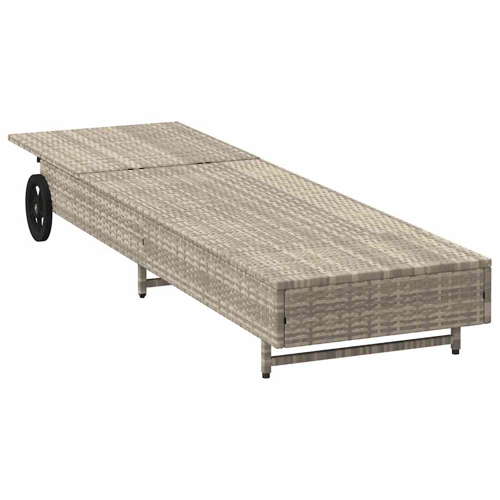 Lettino Prendisole con Ruote e Cuscino Polyrattan Grigio Chiaro - homemem39