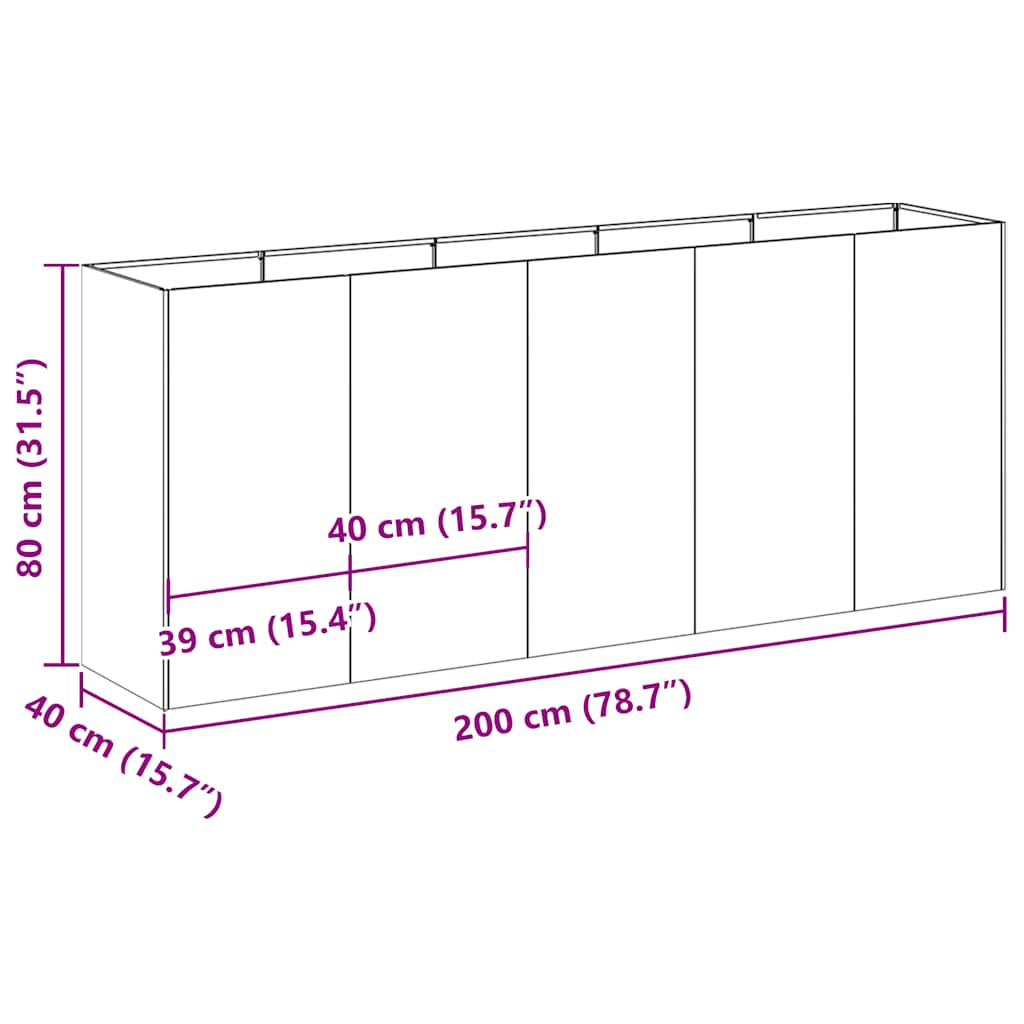 Fioriera Nera 200x40x80 cm in Acciaio Laminato a Freddo