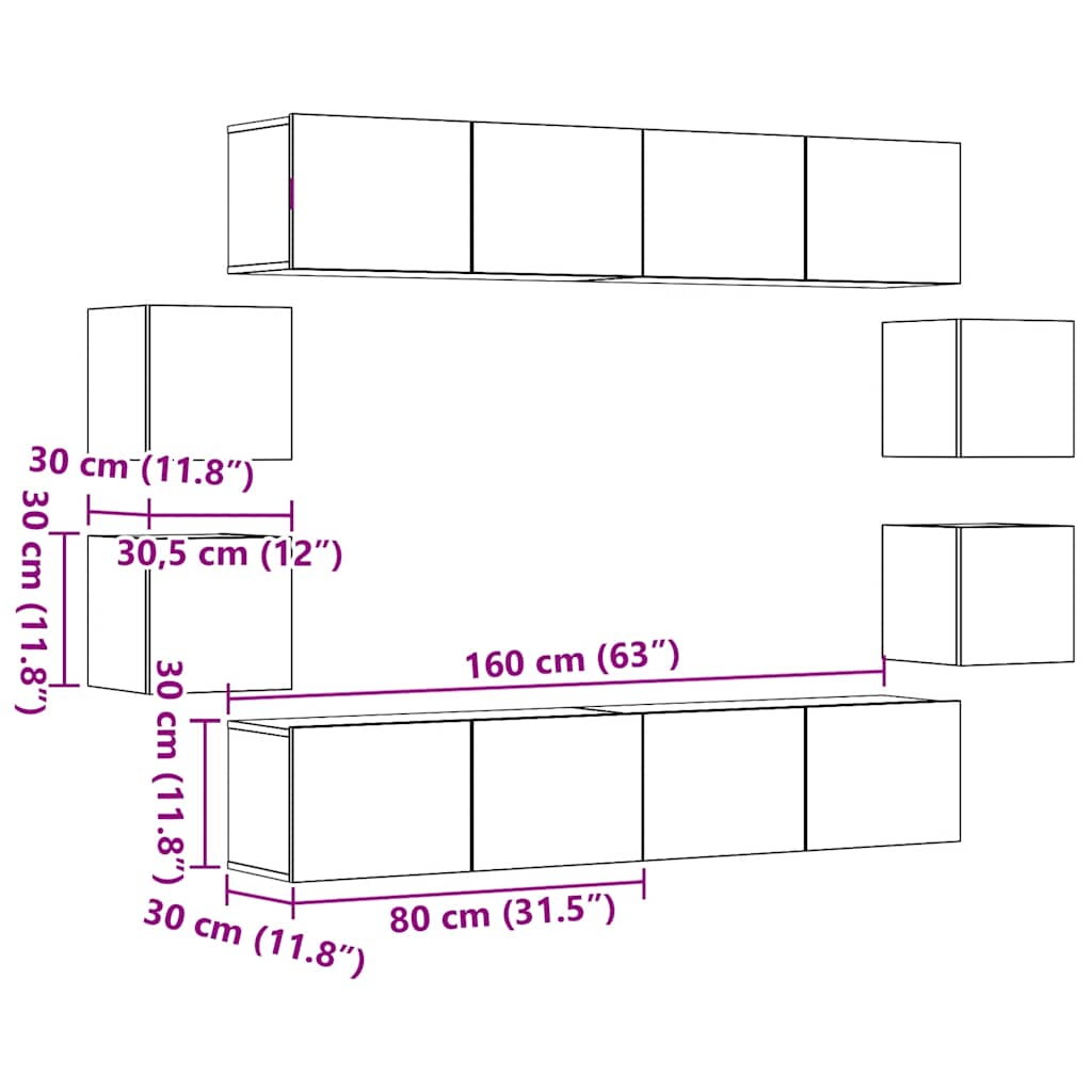 Set Mobile TV 8 pz Montato a Parete Legno Antico in Truciolato - homemem39