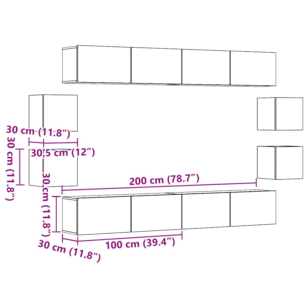 Set Mobile TV 8 pz Montato a Parete Legno Antico in Truciolato