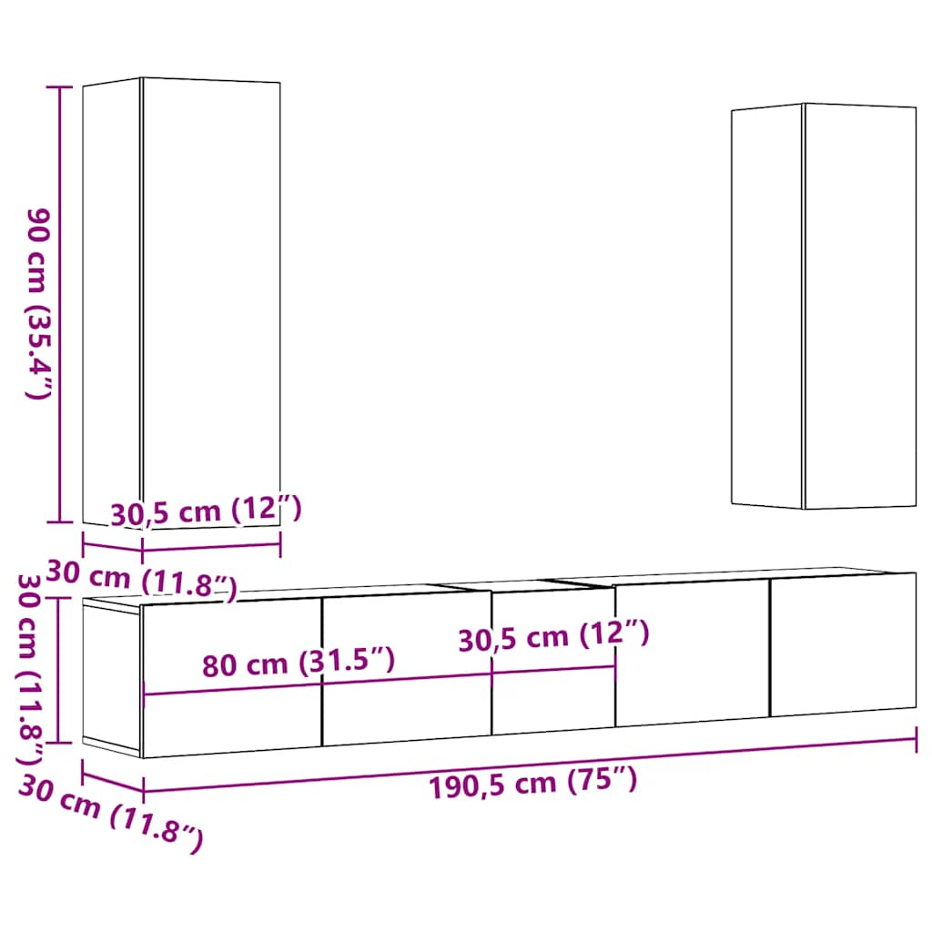 Mobili TV a Parete 5 pz Legno Antico in Legno Multistrato