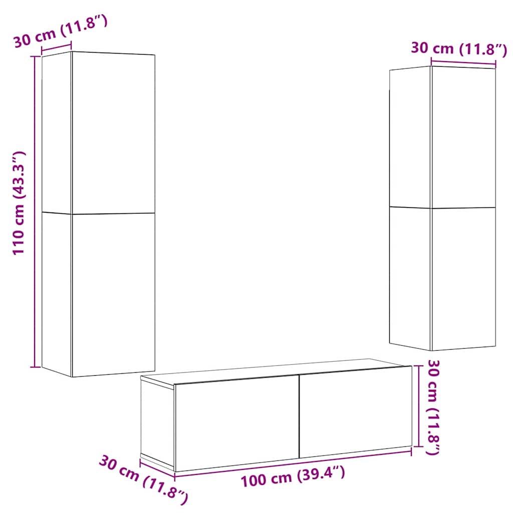 Mobili TV a Parete 3 pz Legno Antico in Legno Multistrato