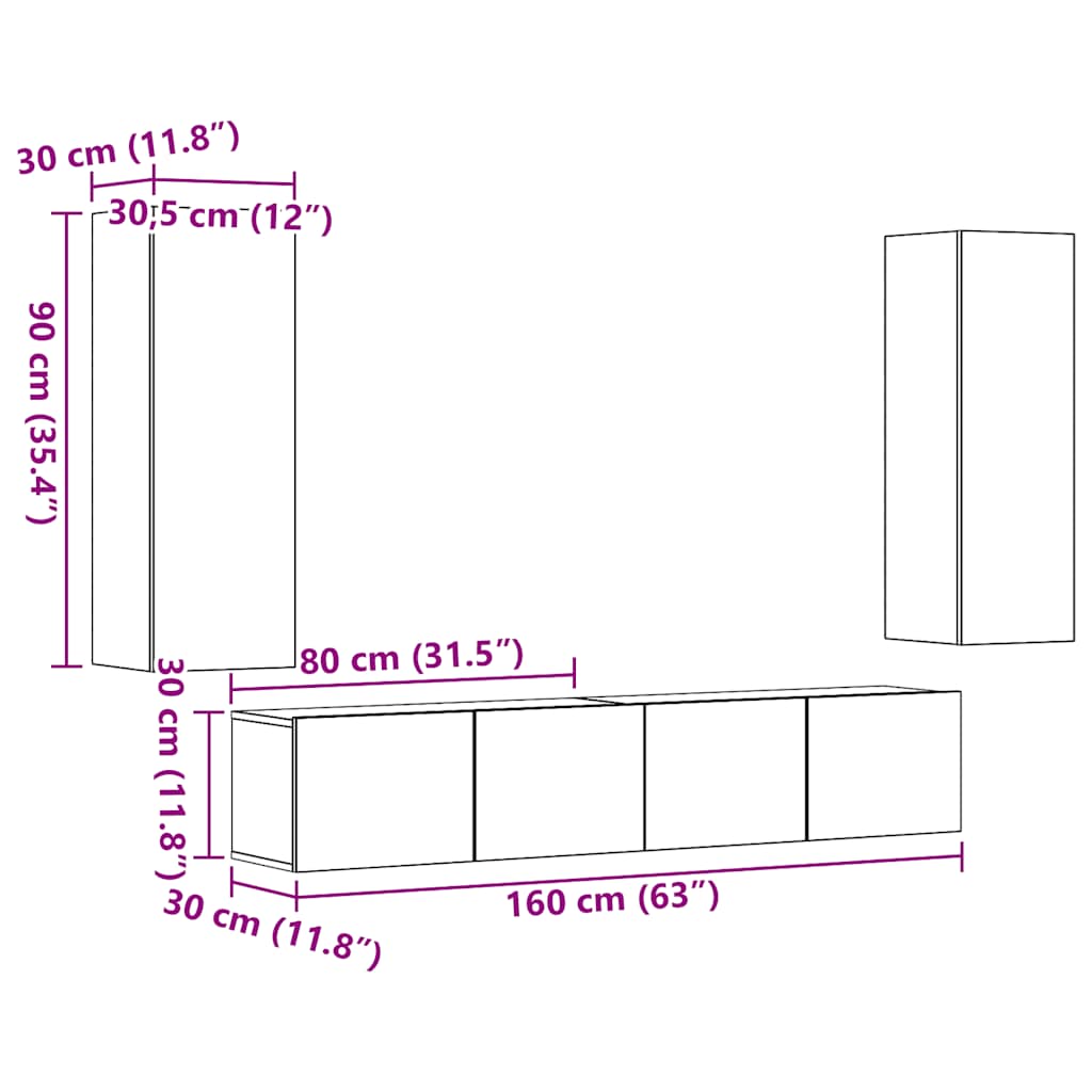 Mobili TV a Parete 4 pz Legno Antico in Legno Multistrato