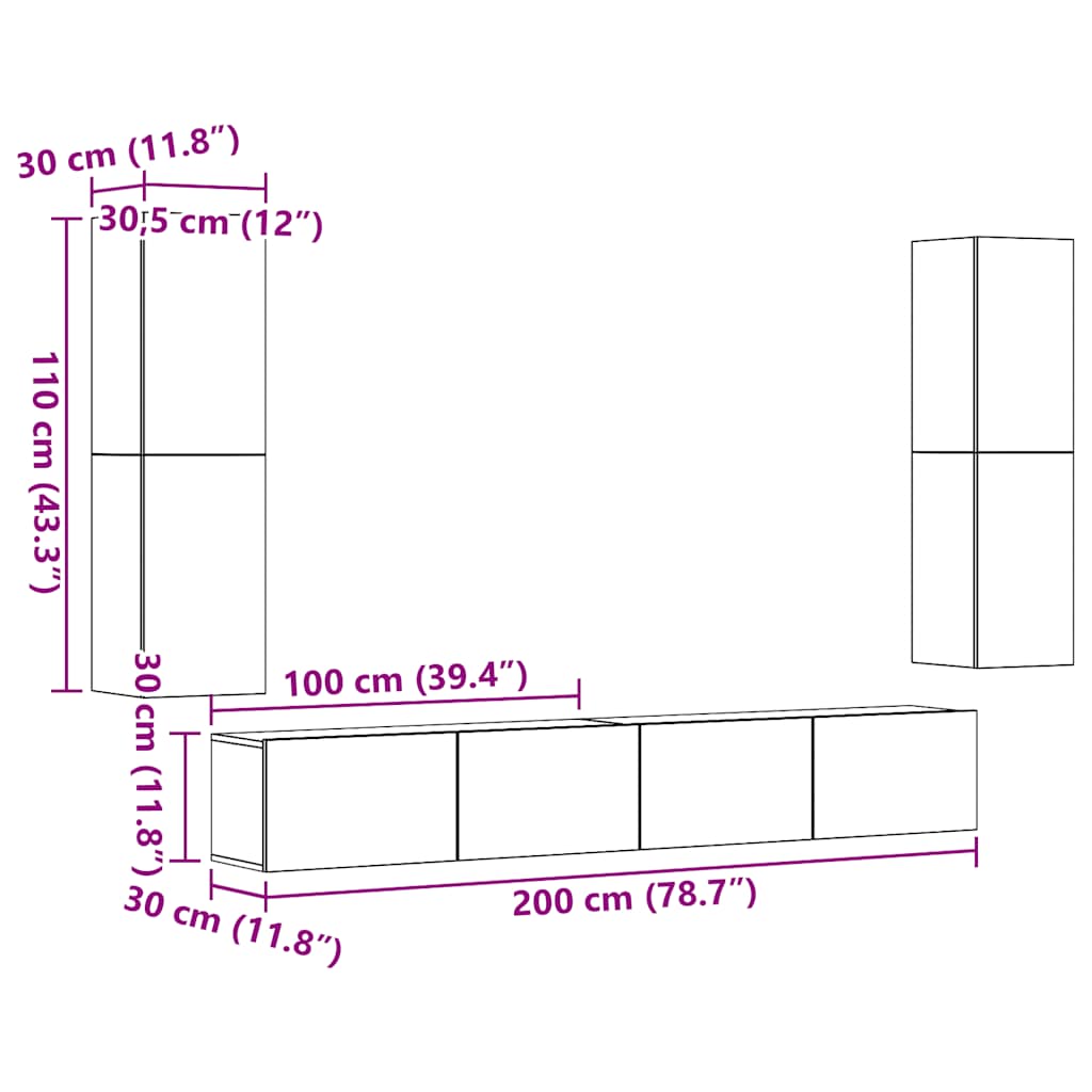 Mobili TV a Parete 4 pz Legno Antico in Legno Multistrato