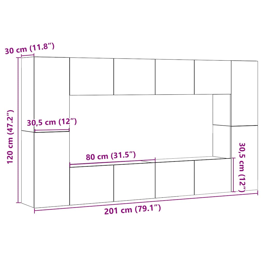 Set Mobile TV 8 pz Montato a Parete Legno Antico in Truciolato - homemem39