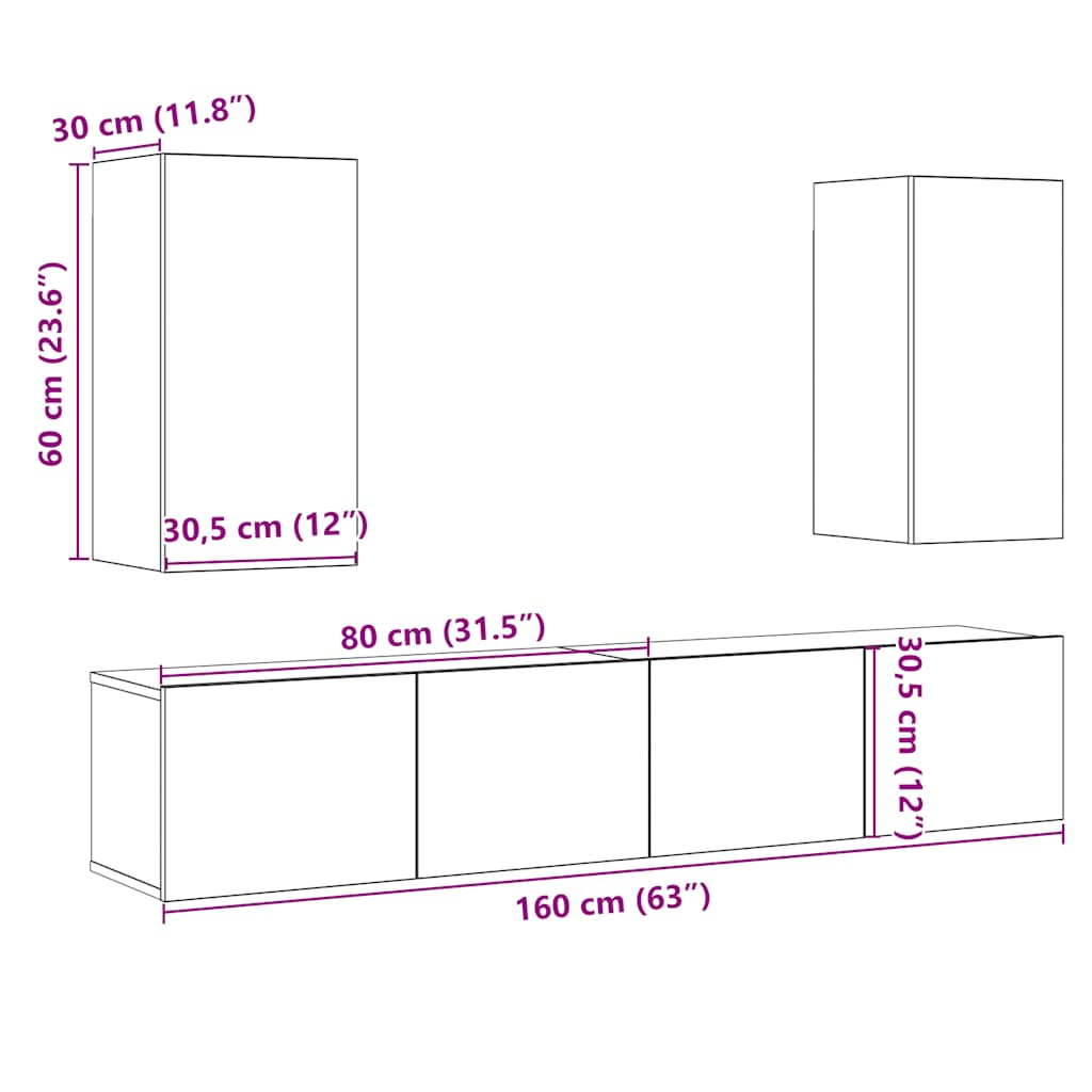 Mobili TV a Parete 4 pz Legno Antico in Legno Multistrato