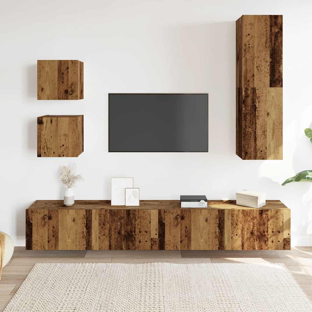 Set Mobile TV 5 pz Montato a Parete Legno Antico in Truciolato - homemem39