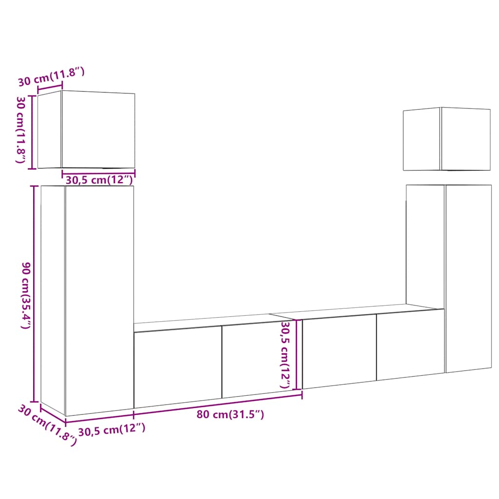 Set Mobile TV 8 pz Montato a Parete Legno Antico in Truciolato - homemem39