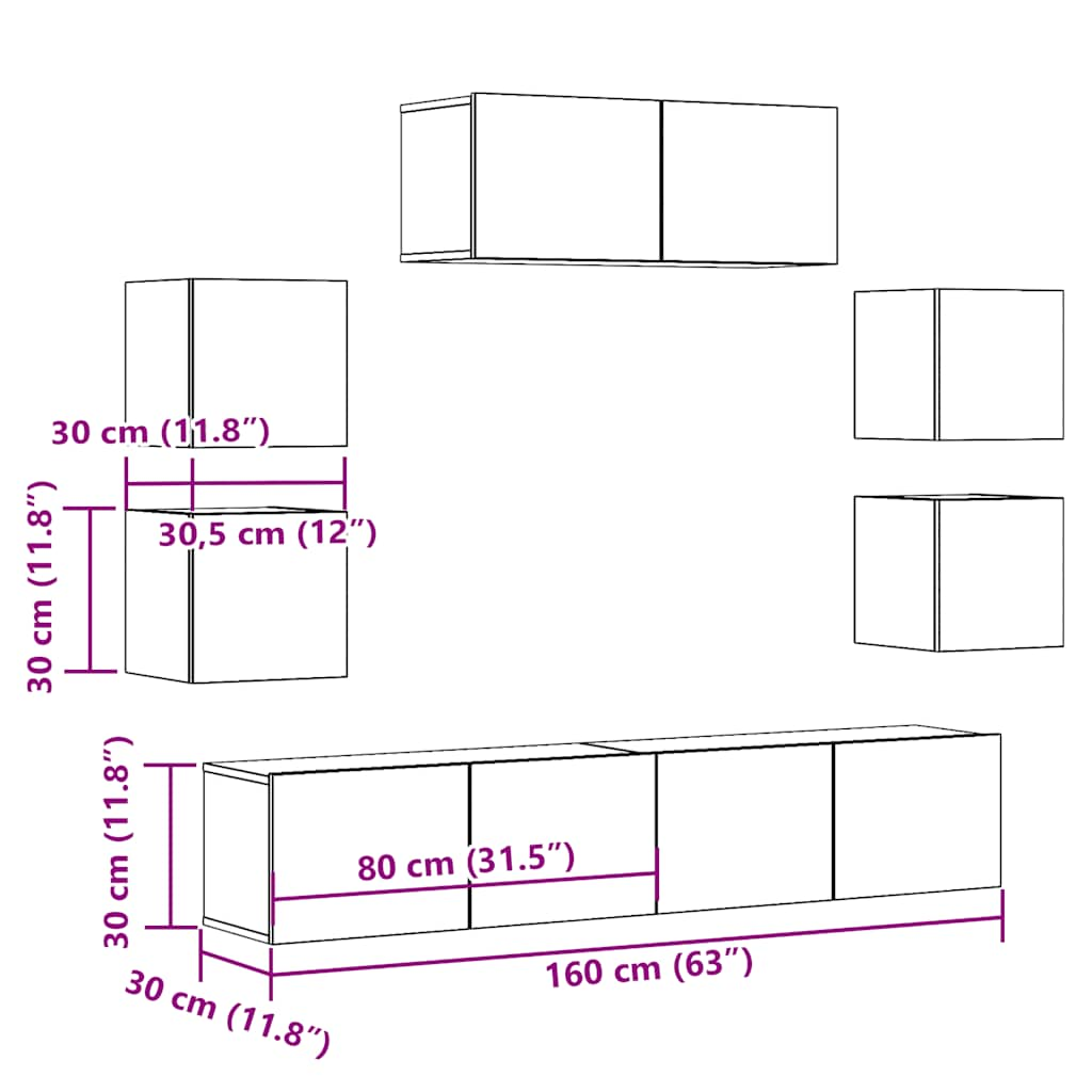 Set Mobile TV 7 pz Montato a Parete Legno Antico in Truciolato