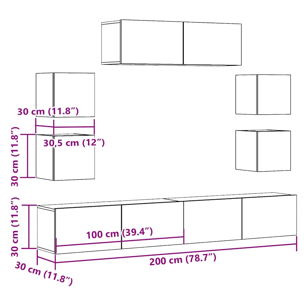 Set Mobile TV 7 pz Montato a Parete Legno Antico in Truciolato - homemem39