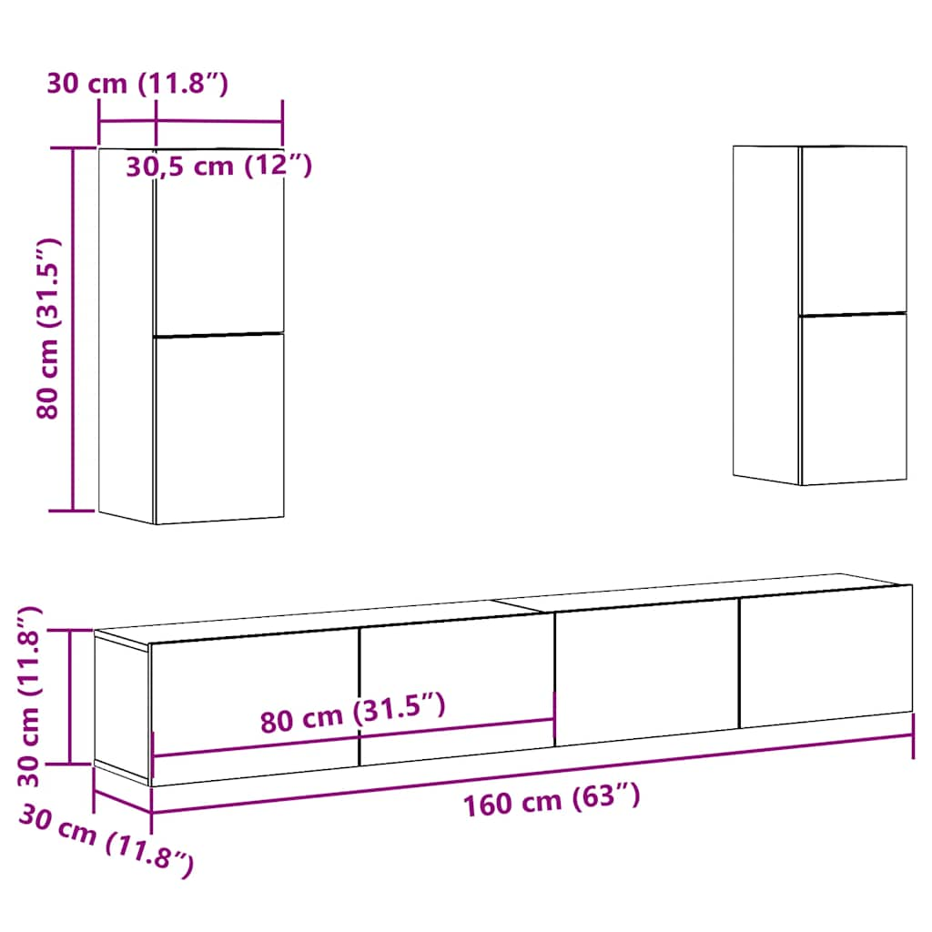 Set Mobile TV 4 pz Montato a Parete Legno Antico in Truciolato - homemem39