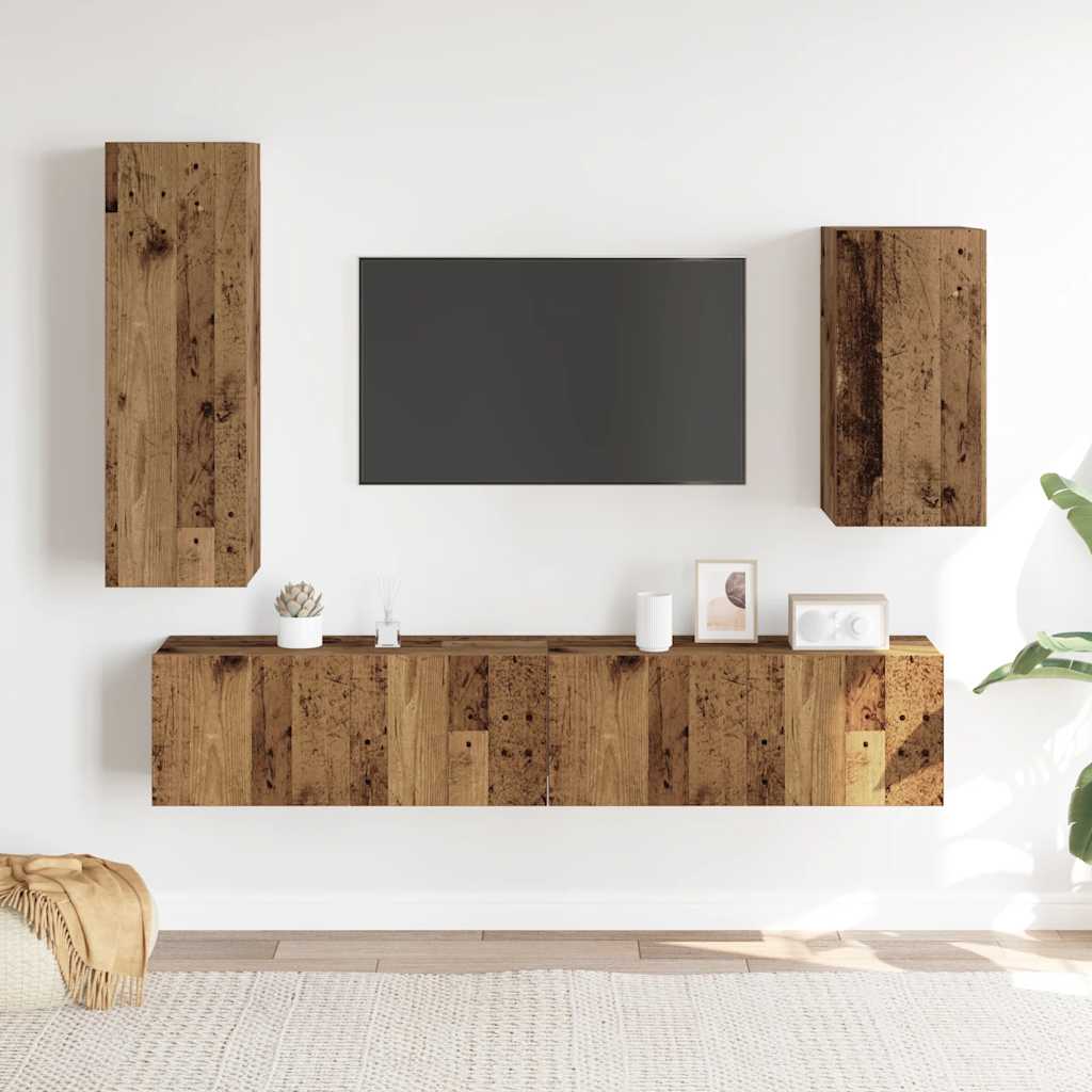 Set Mobile TV 4 pz Montato a Parete Legno Antico in Truciolato - homemem39