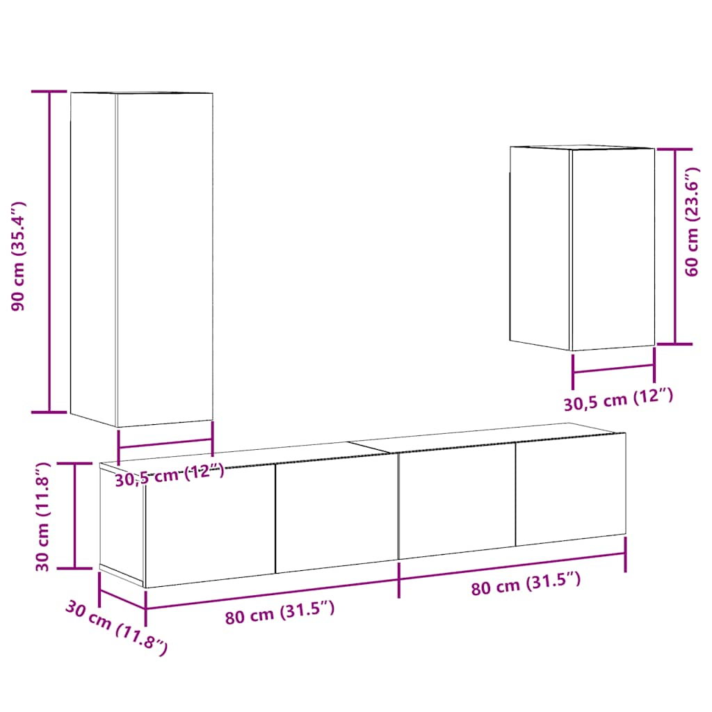 Set Mobile TV 4 pz Montato a Parete Legno Antico in Truciolato - homemem39